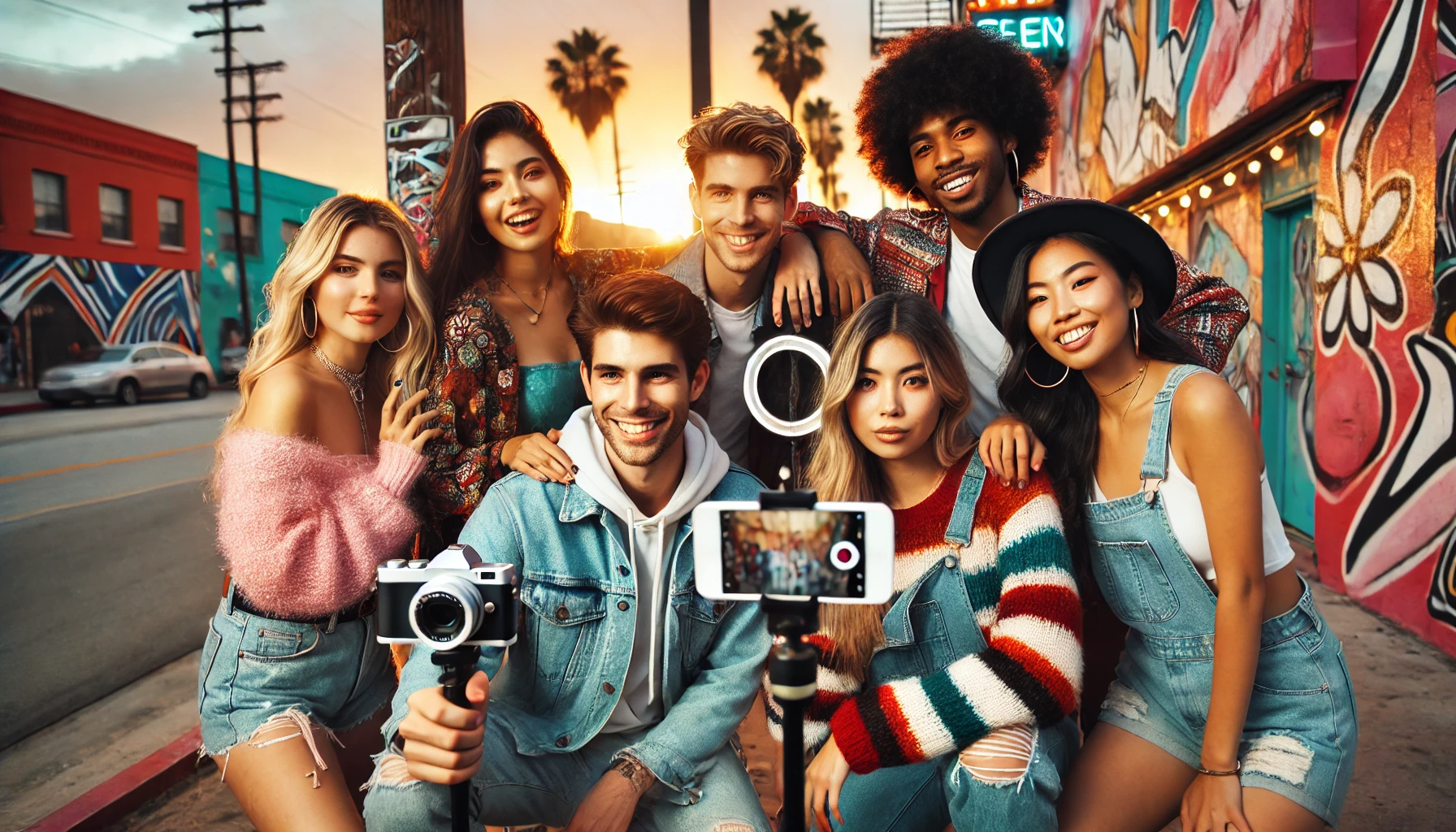 DALL·E 2024-12-02 10.24.56 - A group of good-looking Gen Z friends filming content together in a lively, urban setting during sunset. The group includes a white woman and a white